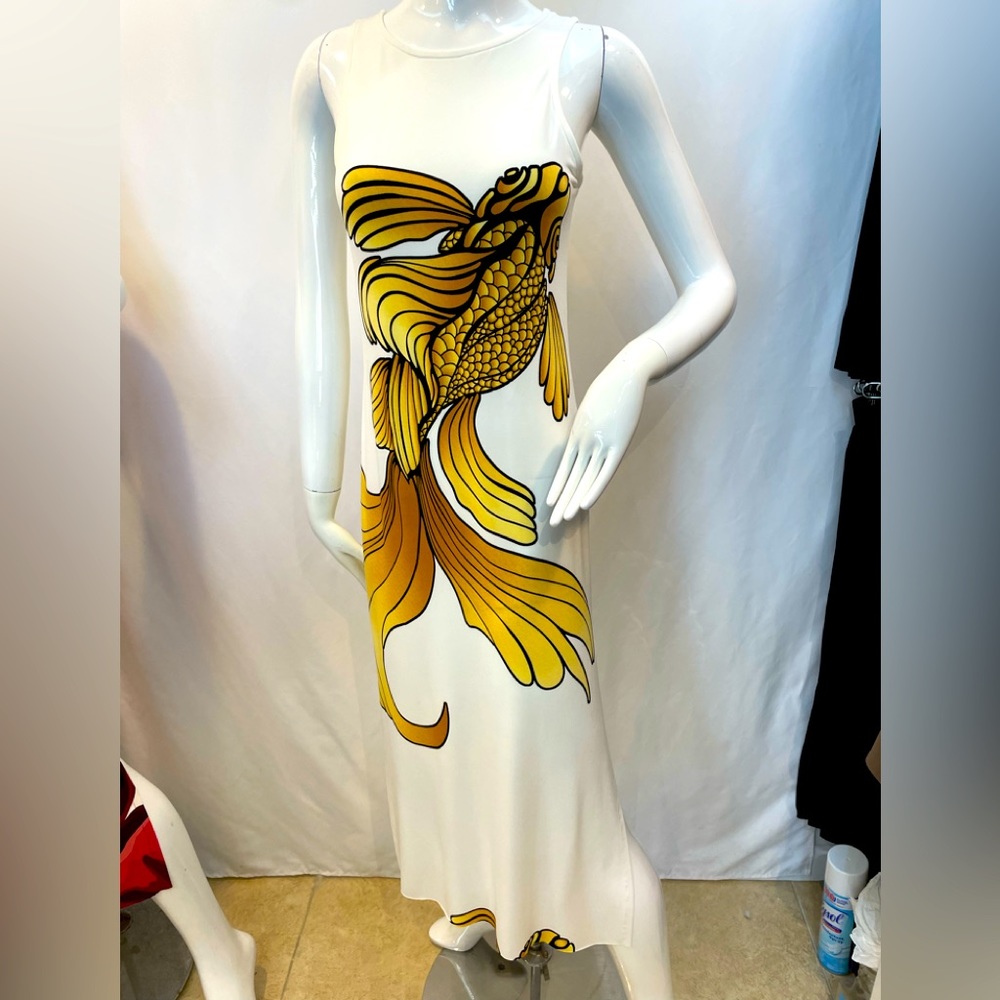 EVA VARRO RAW HEMLINE SIDE SLIT TANK MIDI DRESS -IVORY GOLD FISH